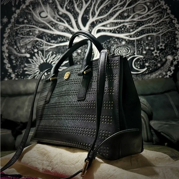 Vintage Tory Burch tote bag crossbody purse Black Satchel with Gold Accents - Picture 16 of 17
